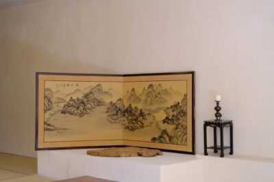 日本 中古两折通景山水屏风