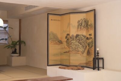 日本中古 手绘四折“探山归来图”屏风