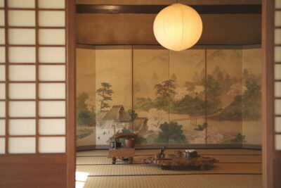 日本中古 六折绘田园村景图