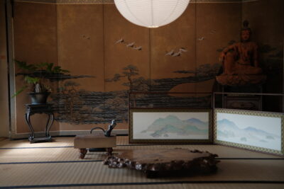 日本中古 两折双面屏风结界，后绘“江山图”