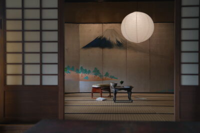 日本中古 绘“雪山景”六折老银屏风
